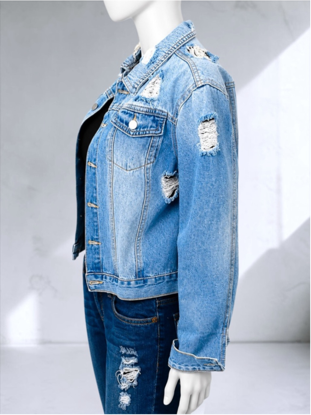 Distressed Blue Ripped Button-Up Denim Jacket – Size 8 - Picture 8 of 12